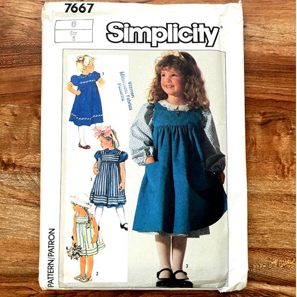 UNCUT Vintage 1980s Simplicity 7667 Sewing Pattern Girls Size 6 Sundress Jumper - Picture 1 of 2
